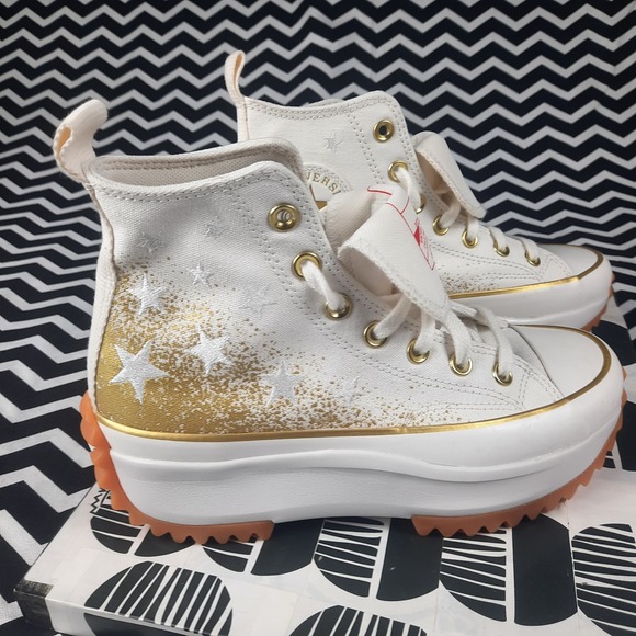 Converse Run Star Hike High Top Gold  Glitter Stars Sneakers Womens 6.5 Mens 5 - Picture 3 of 8